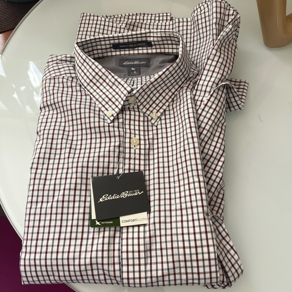 Eddie Bauer Men's White Shirt with Burgundy Check Pattern